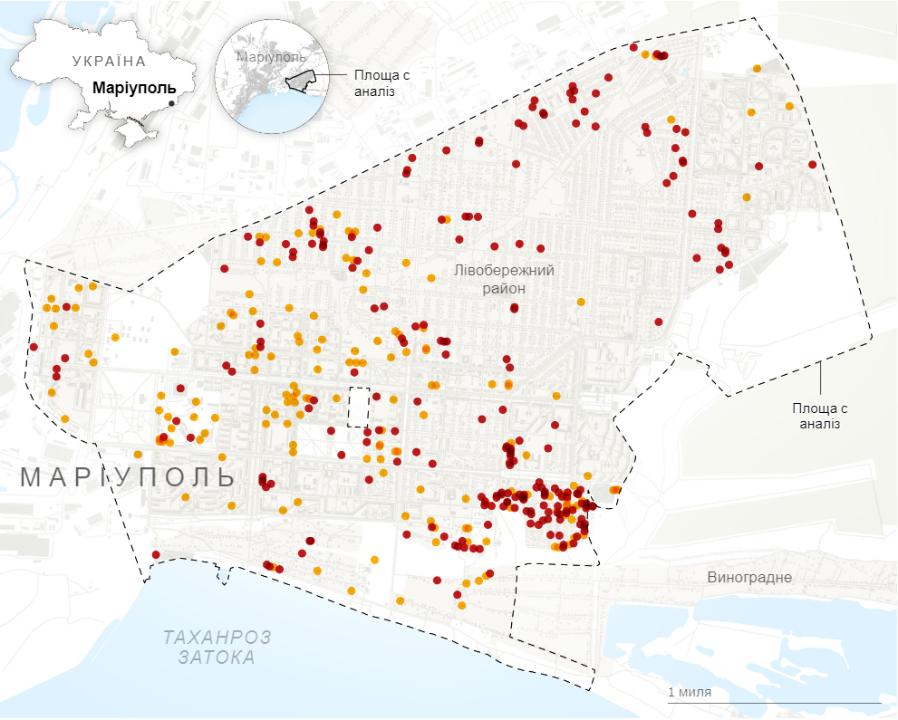 Примітка: аналіз не включав військову територію поблизу центру карти. Аналіз враховує лише збитки, очевидні на супутникових знімках, і, таким чином, швидше за все, це заниження фактичних збитків, завданих до цього часу